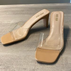 Miss Lola Clear Nude Mules Square Toe Heels Size 7